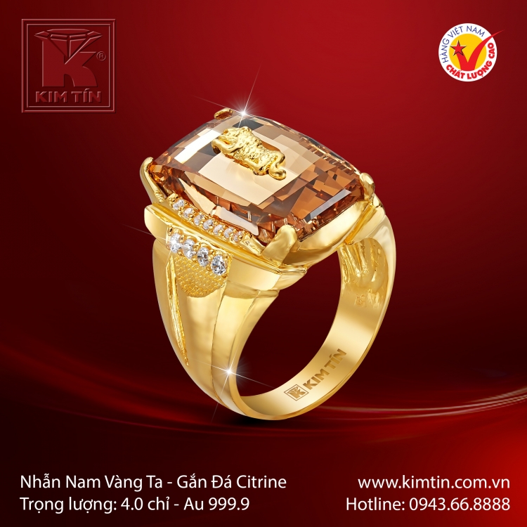 Nhẫn Nam Vàng 24K Gắn Đá Citrine