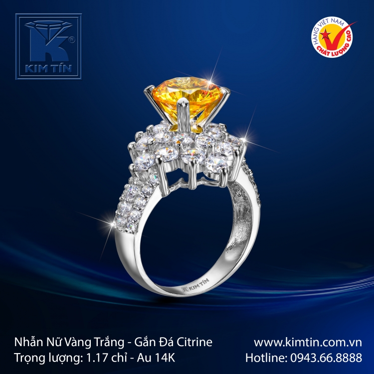 Nhẫn Nữ Vàng Trắng Gắn Đá Citrine