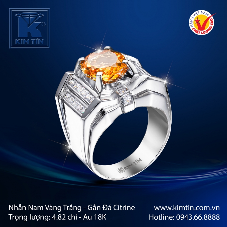 Nhẫn Nam Vàng Trắng Gắn Đá Citrine