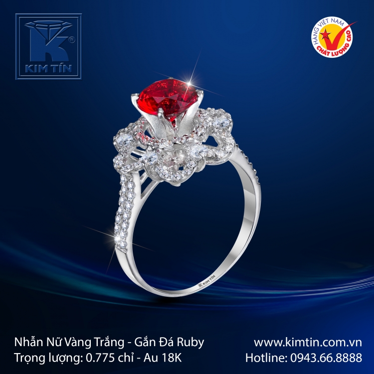 Nhẫn Nữ Vàng Trắng Gắn Đá Ruby