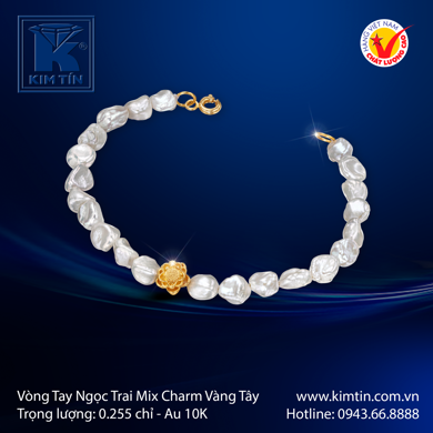 Vòng Ngọc Trai mix Charm Vàng tây