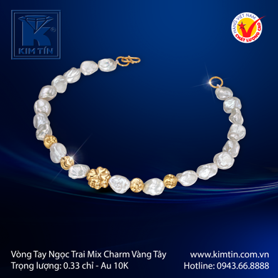 Vòng Ngọc Trai mix Charm Vàng tây